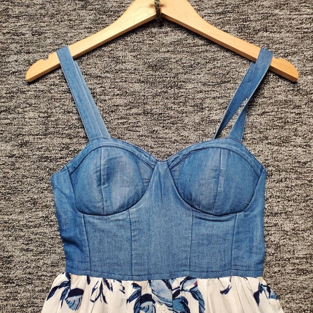 Band of the Free Midi Dress Women XS Ivory Blue Denim Floral Bustier Cottagecore - Picture 4 of 14